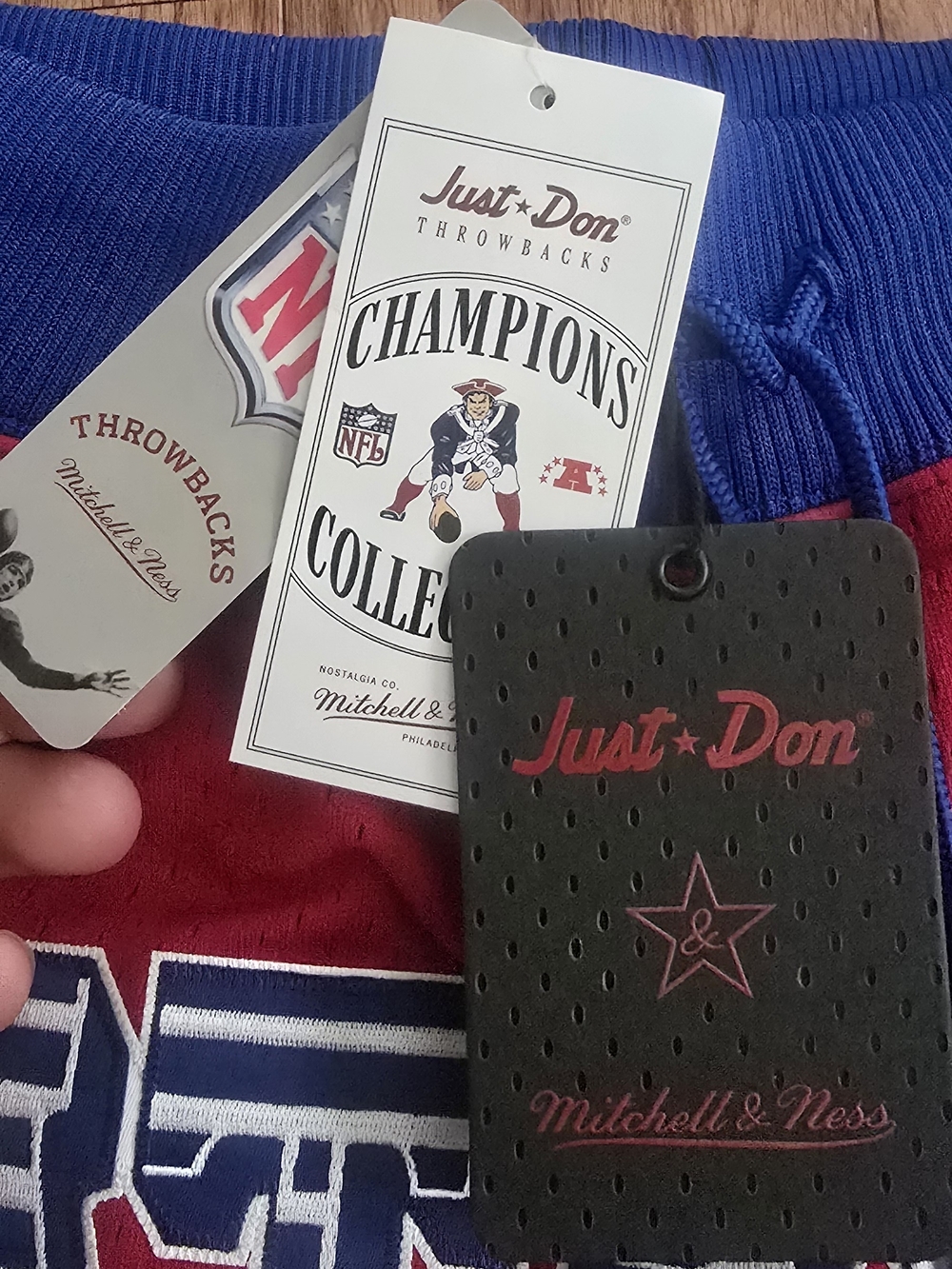 Just Don, Mitchell and Ness,Red Patriots, Athletic Shorts with Blue Waistband - Picture 3 of 4